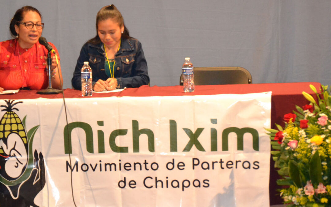 Voceras de Nich Ixim presentan la Agenda Nacional por la Defensa y Promoción de la Partería Tradicional en el Teatro Zebadúa junto con la premier del documental BIRTH WARS, dirigido por Janet Jarman, en Chiapas. Octubre 2019.